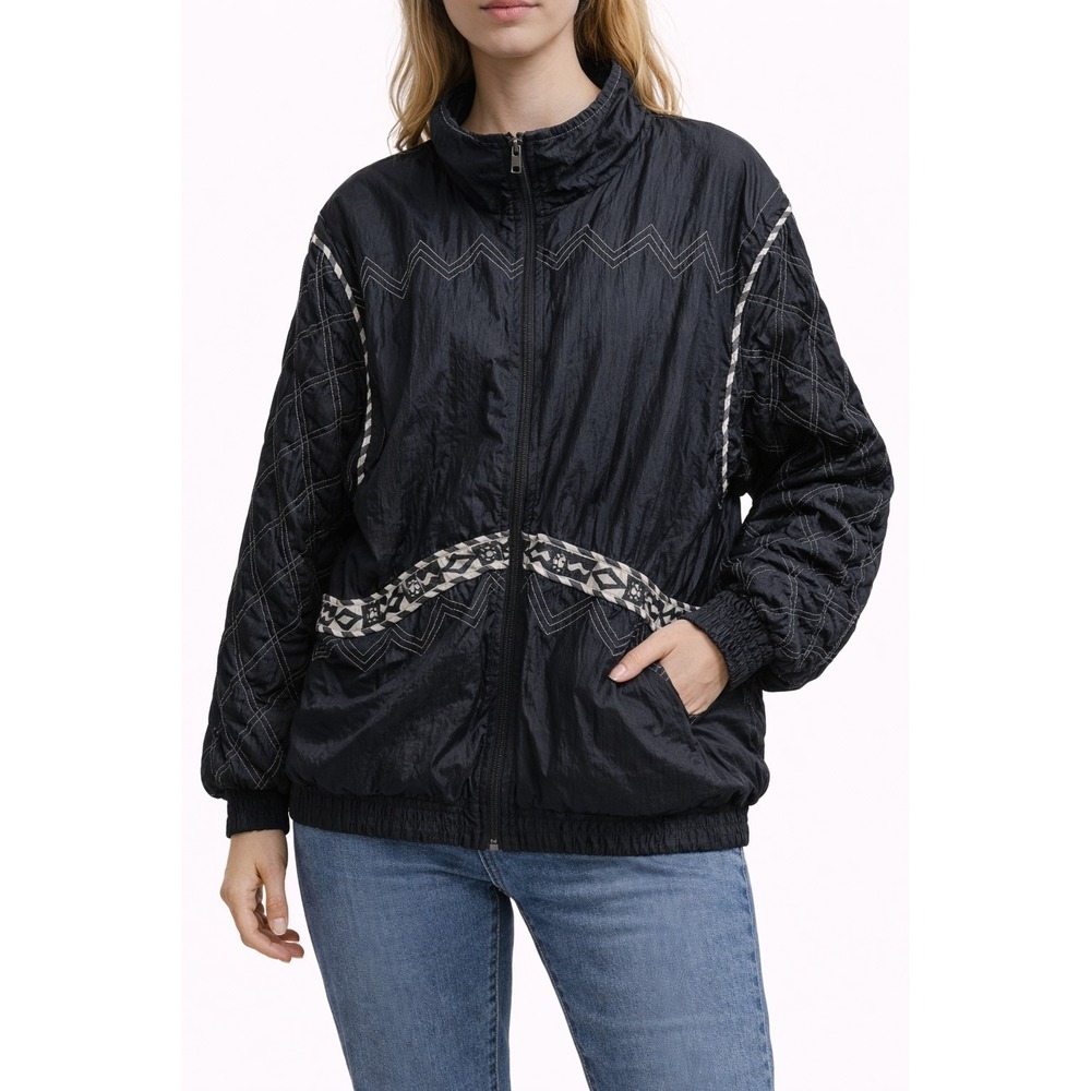 Vintage Black quilted sleeve nylon windbreaker Laura Katherine S geometric lined